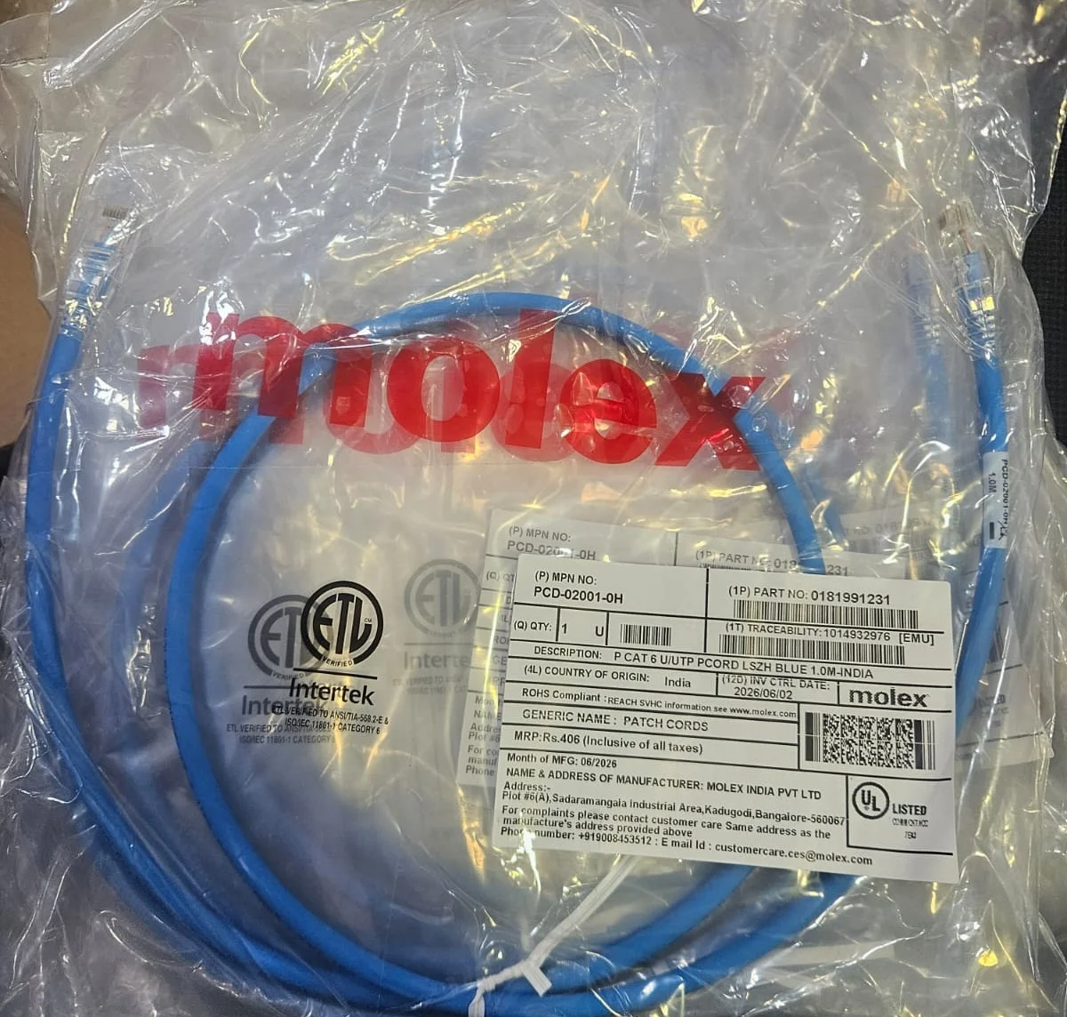 WhatsApp Image 2026-09-19 at 20.19.58 Molex CAT6 1M Blue Patch Cord UTP
